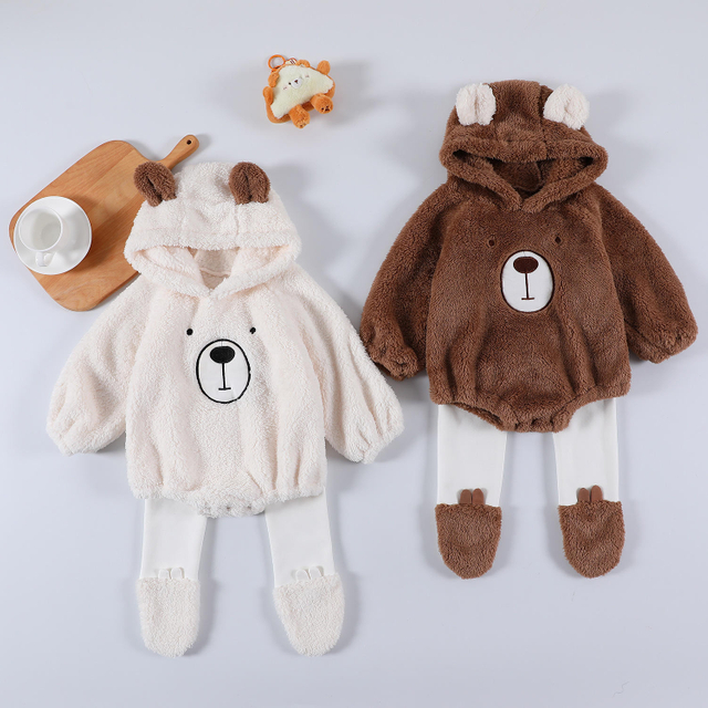 Ins Autumn Winter Newborn Toddler Girl Bear Long Sleeve Hooded Romper Outfits Baby Polyester Bodysuit