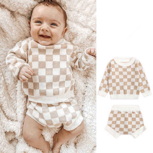 Manufacturer Custom 100% Cotton Knit Baby Clothing Sets Plaid Print 2-Piece Girls Shorts & Newborn Baby Sweater